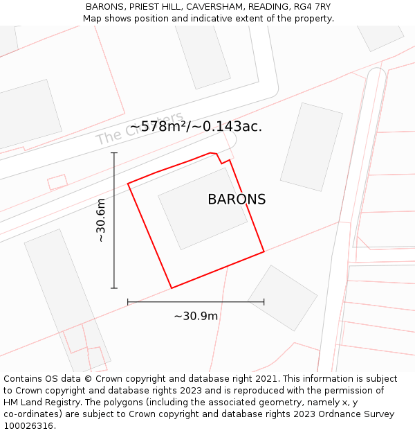 BARONS, PRIEST HILL, CAVERSHAM, READING, RG4 7RY: Plot and title map