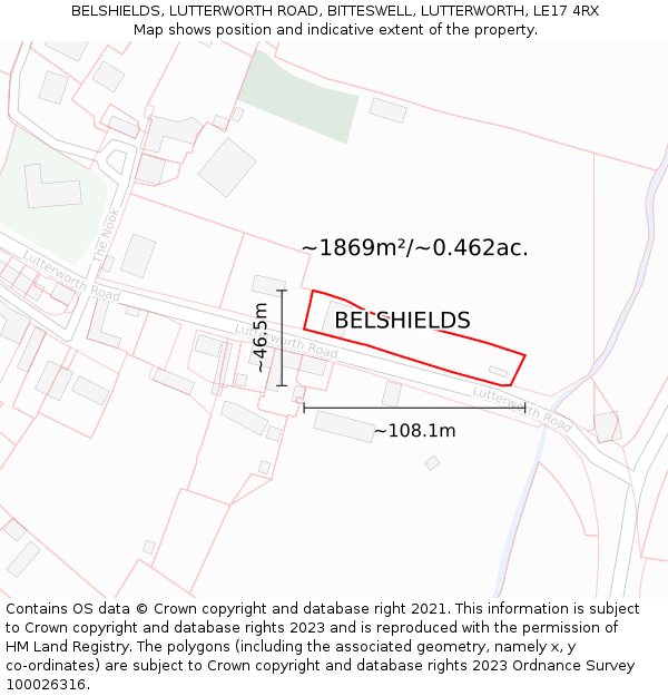 BELSHIELDS, LUTTERWORTH ROAD, BITTESWELL, LUTTERWORTH, LE17 4RX: Plot and title map
