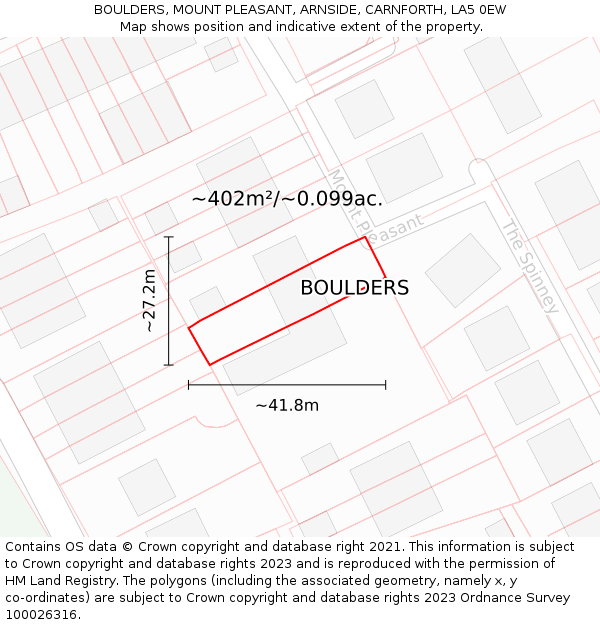 BOULDERS, MOUNT PLEASANT, ARNSIDE, CARNFORTH, LA5 0EW: Plot and title map