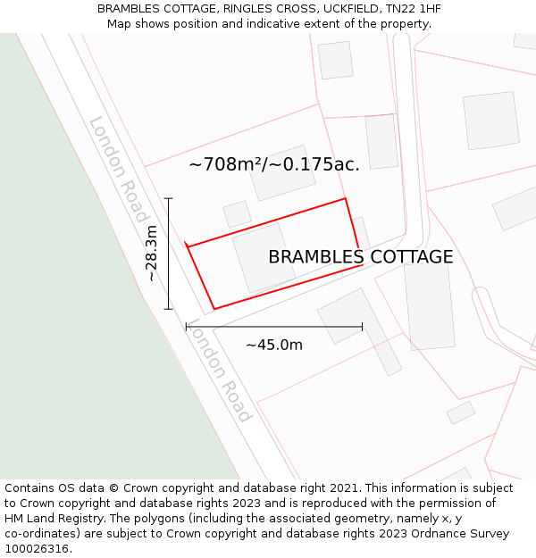 BRAMBLES COTTAGE, RINGLES CROSS, UCKFIELD, TN22 1HF: Plot and title map