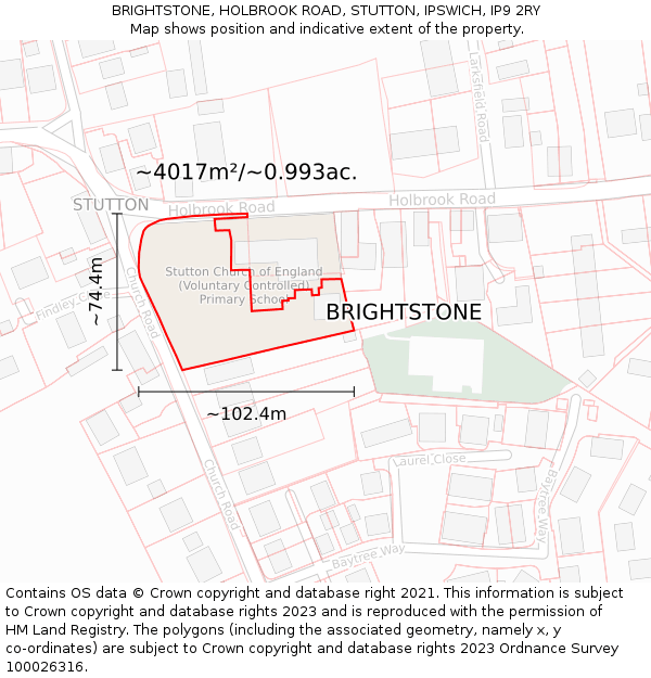BRIGHTSTONE, HOLBROOK ROAD, STUTTON, IPSWICH, IP9 2RY: Plot and title map