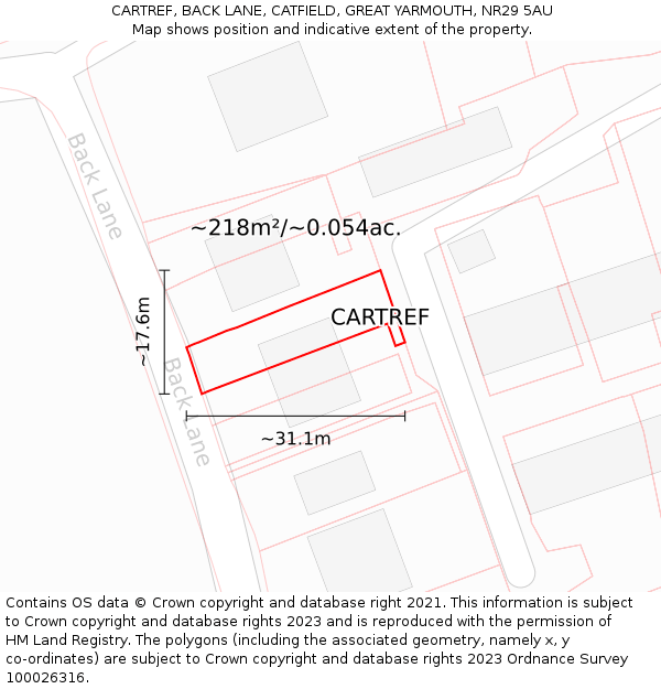 CARTREF, BACK LANE, CATFIELD, GREAT YARMOUTH, NR29 5AU: Plot and title map