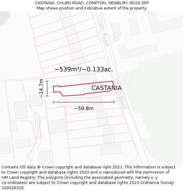 CASTANIA, CHURN ROAD, COMPTON, NEWBURY, RG20 6PP: Plot and title map