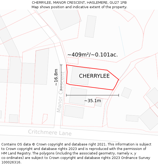 CHERRYLEE, MANOR CRESCENT, HASLEMERE, GU27 1PB: Plot and title map