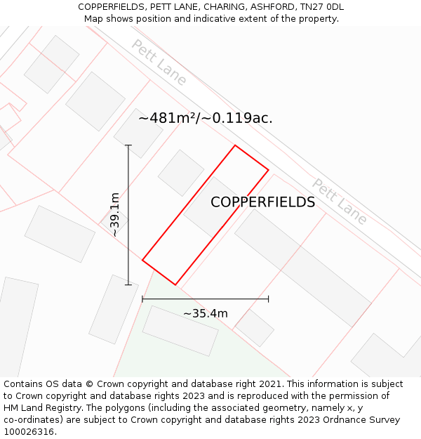 COPPERFIELDS, PETT LANE, CHARING, ASHFORD, TN27 0DL: Plot and title map