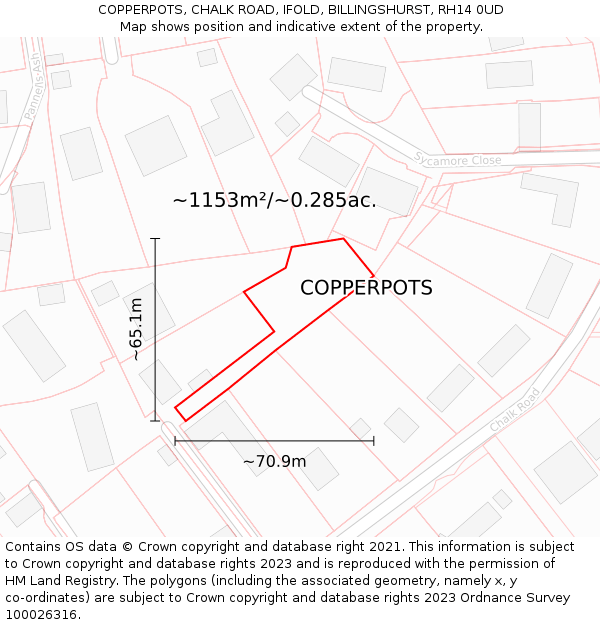 COPPERPOTS, CHALK ROAD, IFOLD, BILLINGSHURST, RH14 0UD: Plot and title map