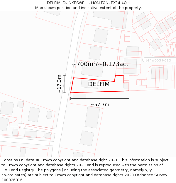 DELFIM, DUNKESWELL, HONITON, EX14 4QH: Plot and title map