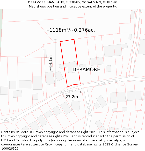 DERAMORE, HAM LANE, ELSTEAD, GODALMING, GU8 6HG: Plot and title map