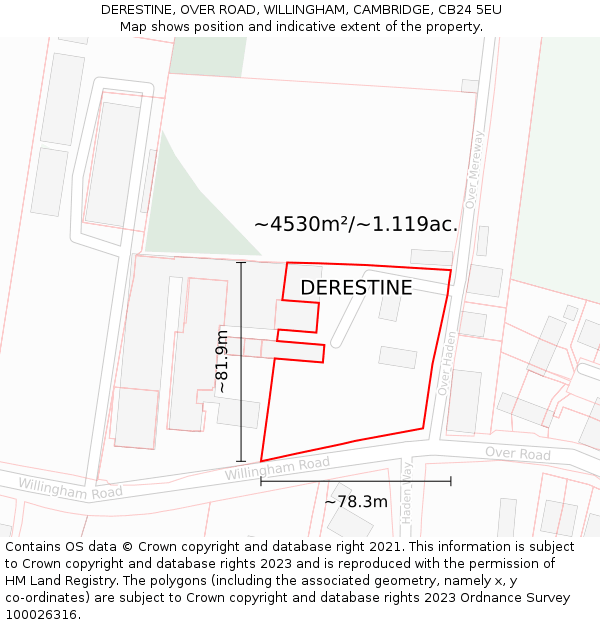 DERESTINE, OVER ROAD, WILLINGHAM, CAMBRIDGE, CB24 5EU: Plot and title map
