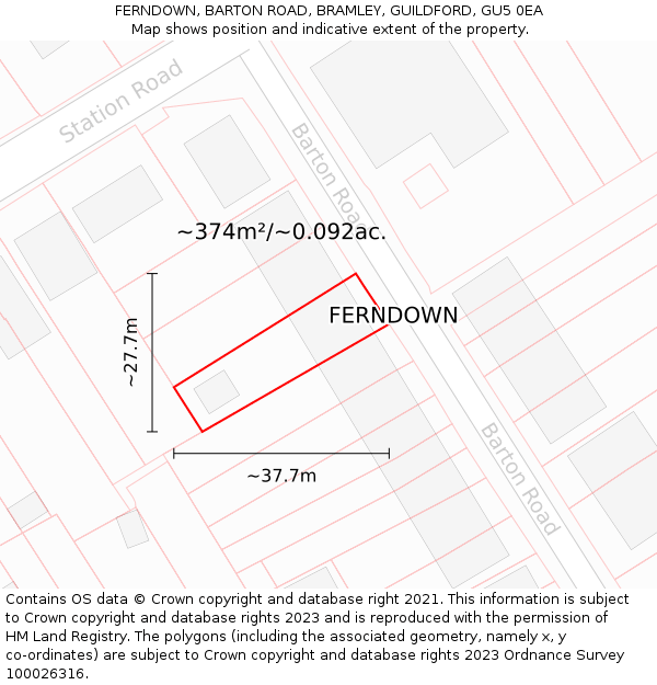 FERNDOWN, BARTON ROAD, BRAMLEY, GUILDFORD, GU5 0EA: Plot and title map