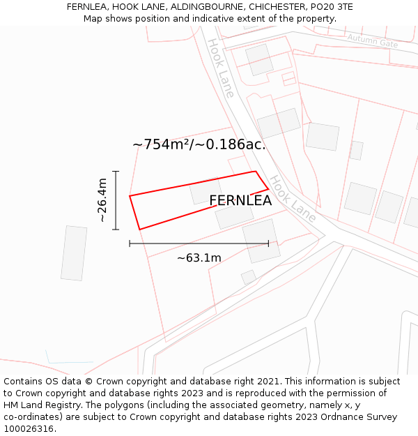 FERNLEA, HOOK LANE, ALDINGBOURNE, CHICHESTER, PO20 3TE: Plot and title map