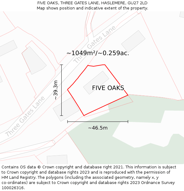 FIVE OAKS, THREE GATES LANE, HASLEMERE, GU27 2LD: Plot and title map