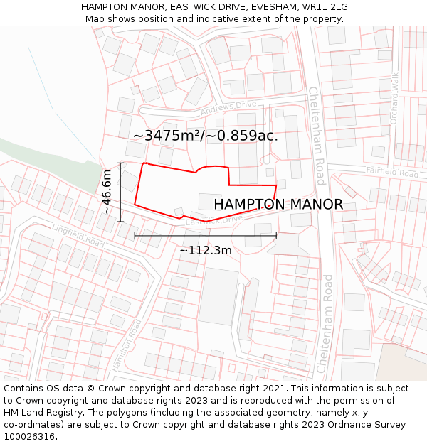 HAMPTON MANOR, EASTWICK DRIVE, EVESHAM, WR11 2LG: Plot and title map