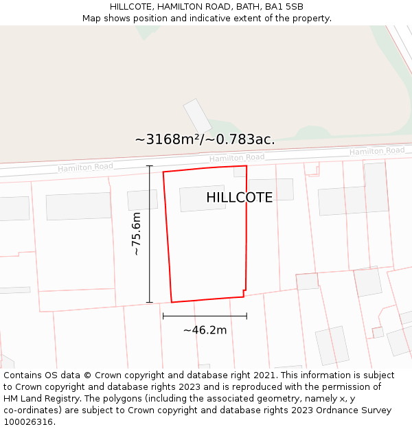 HILLCOTE, HAMILTON ROAD, BATH, BA1 5SB: Plot and title map