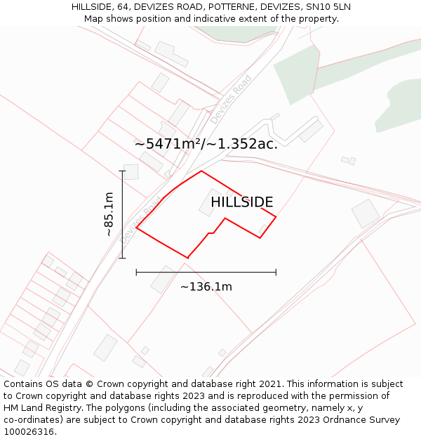 HILLSIDE, 64, DEVIZES ROAD, POTTERNE, DEVIZES, SN10 5LN: Plot and title map
