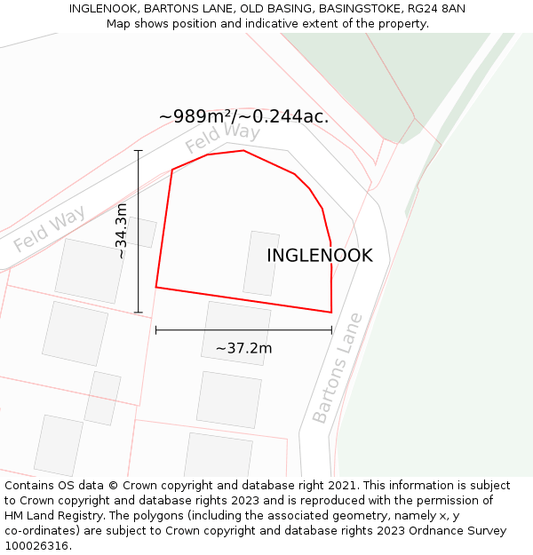 INGLENOOK, BARTONS LANE, OLD BASING, BASINGSTOKE, RG24 8AN: Plot and title map