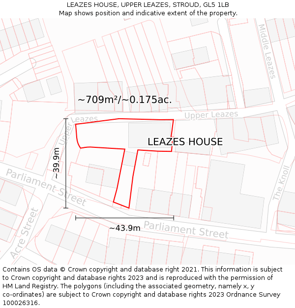 LEAZES HOUSE, UPPER LEAZES, STROUD, GL5 1LB: Plot and title map