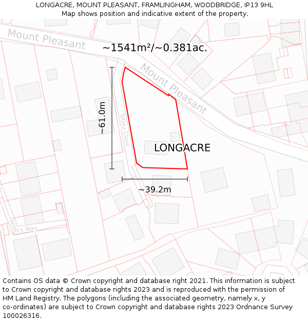LONGACRE, MOUNT PLEASANT, FRAMLINGHAM, WOODBRIDGE, IP13 9HL: Plot and title map