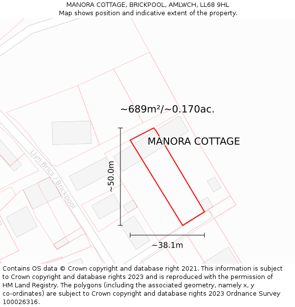 MANORA COTTAGE, BRICKPOOL, AMLWCH, LL68 9HL: Plot and title map