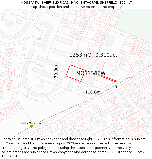 MOSS VIEW, SHEFFIELD ROAD, HACKENTHORPE, SHEFFIELD, S12 4LT: Plot and title map