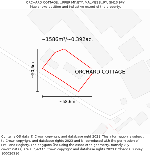 ORCHARD COTTAGE, UPPER MINETY, MALMESBURY, SN16 9PY: Plot and title map