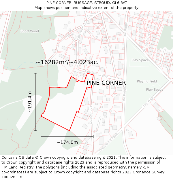 PINE CORNER, BUSSAGE, STROUD, GL6 8AT: Plot and title map