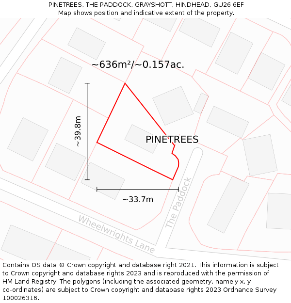 PINETREES, THE PADDOCK, GRAYSHOTT, HINDHEAD, GU26 6EF: Plot and title map