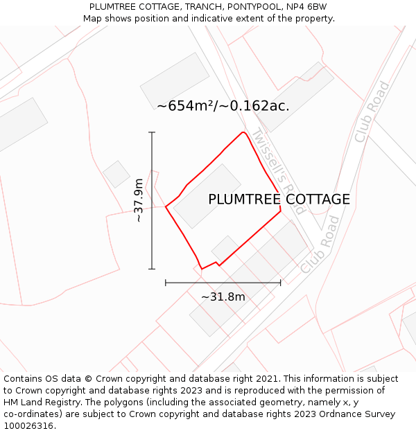 PLUMTREE COTTAGE, TRANCH, PONTYPOOL, NP4 6BW: Plot and title map