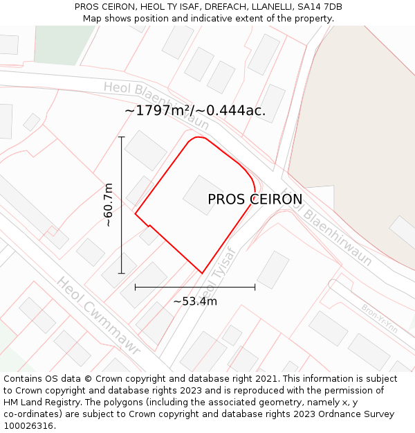 PROS CEIRON, HEOL TY ISAF, DREFACH, LLANELLI, SA14 7DB: Plot and title map