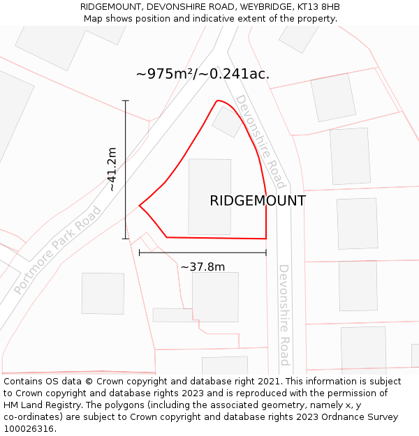 RIDGEMOUNT, DEVONSHIRE ROAD, WEYBRIDGE, KT13 8HB: Plot and title map