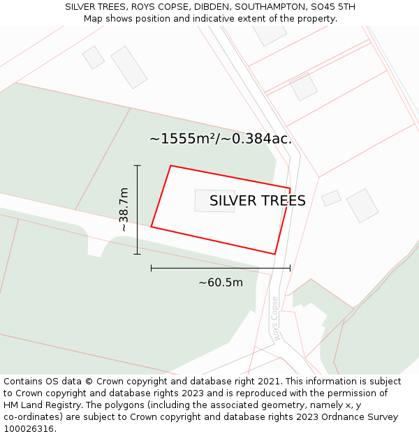 SILVER TREES, ROYS COPSE, DIBDEN, SOUTHAMPTON, SO45 5TH: Plot and title map