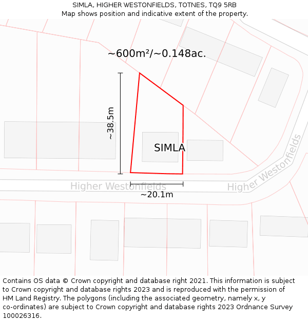 SIMLA, HIGHER WESTONFIELDS, TOTNES, TQ9 5RB: Plot and title map