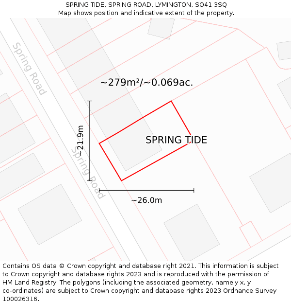 SPRING TIDE, SPRING ROAD, LYMINGTON, SO41 3SQ: Plot and title map