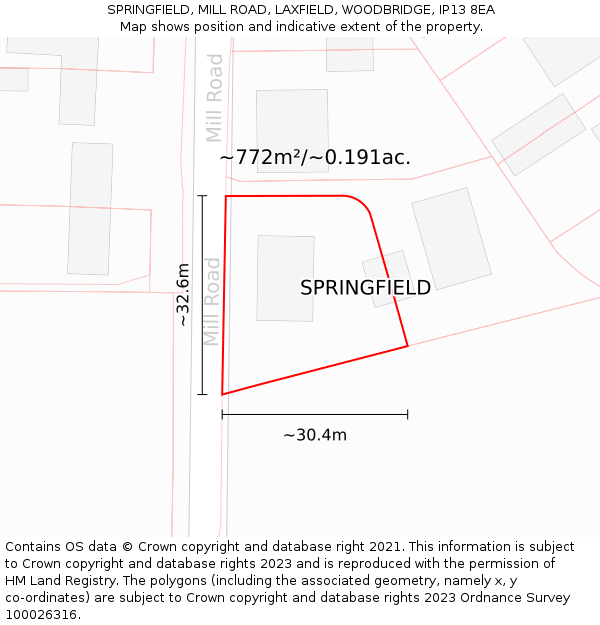 SPRINGFIELD, MILL ROAD, LAXFIELD, WOODBRIDGE, IP13 8EA: Plot and title map