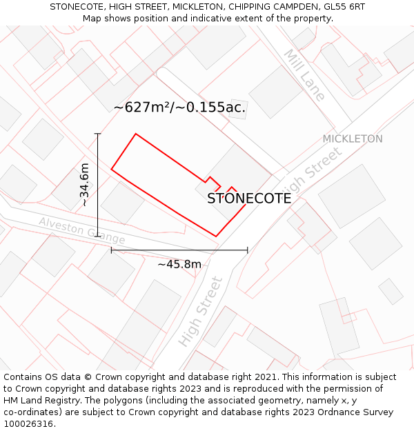 STONECOTE, HIGH STREET, MICKLETON, CHIPPING CAMPDEN, GL55 6RT: Plot and title map