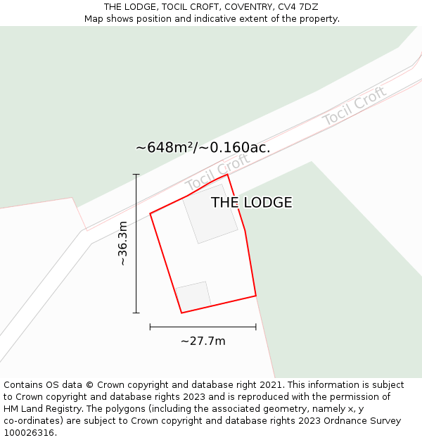 THE LODGE, TOCIL CROFT, COVENTRY, CV4 7DZ: Plot and title map