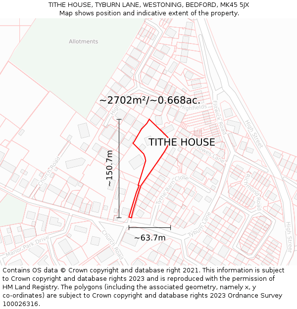 TITHE HOUSE, TYBURN LANE, WESTONING, BEDFORD, MK45 5JX: Plot and title map