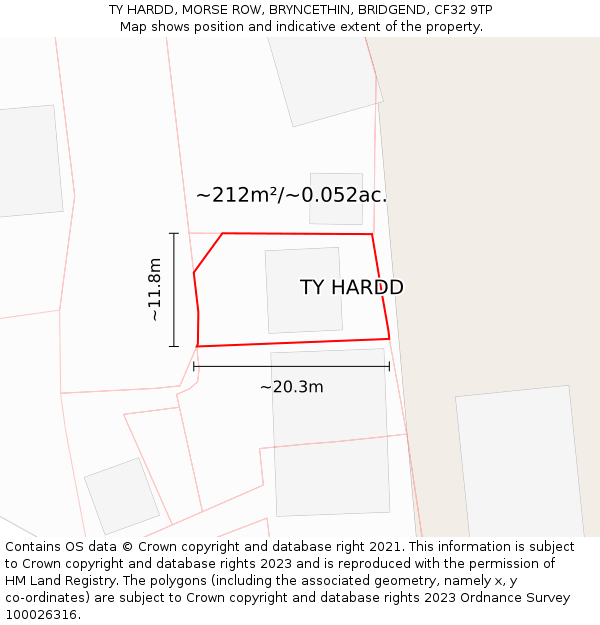 TY HARDD, MORSE ROW, BRYNCETHIN, BRIDGEND, CF32 9TP: Plot and title map