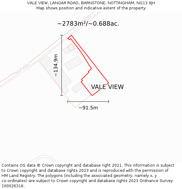 VALE VIEW, LANGAR ROAD, BARNSTONE, NOTTINGHAM, NG13 9JH: Plot and title map