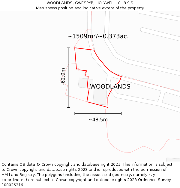 WOODLANDS, GWESPYR, HOLYWELL, CH8 9JS: Plot and title map