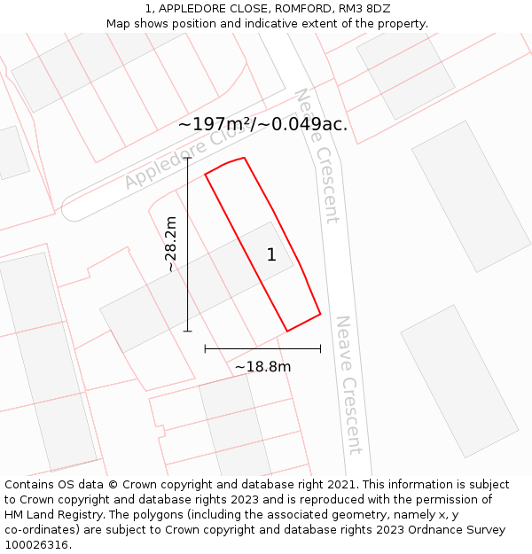 1, APPLEDORE CLOSE, ROMFORD, RM3 8DZ: Plot and title map