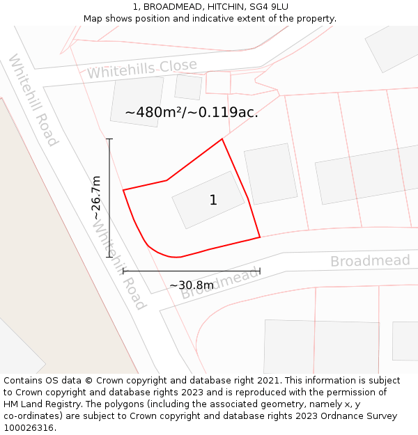 1, BROADMEAD, HITCHIN, SG4 9LU: Plot and title map