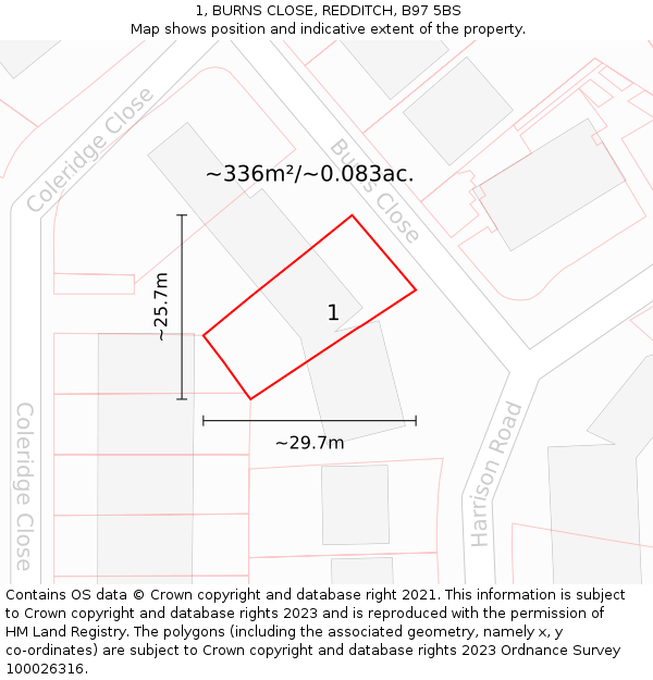 1, BURNS CLOSE, REDDITCH, B97 5BS: Plot and title map