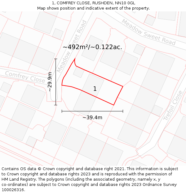 1, COMFREY CLOSE, RUSHDEN, NN10 0GL: Plot and title map