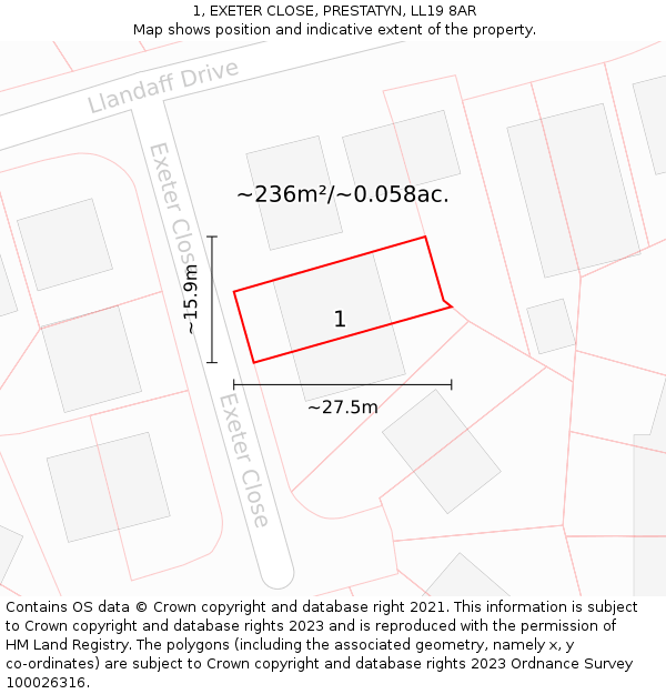 1, EXETER CLOSE, PRESTATYN, LL19 8AR: Plot and title map