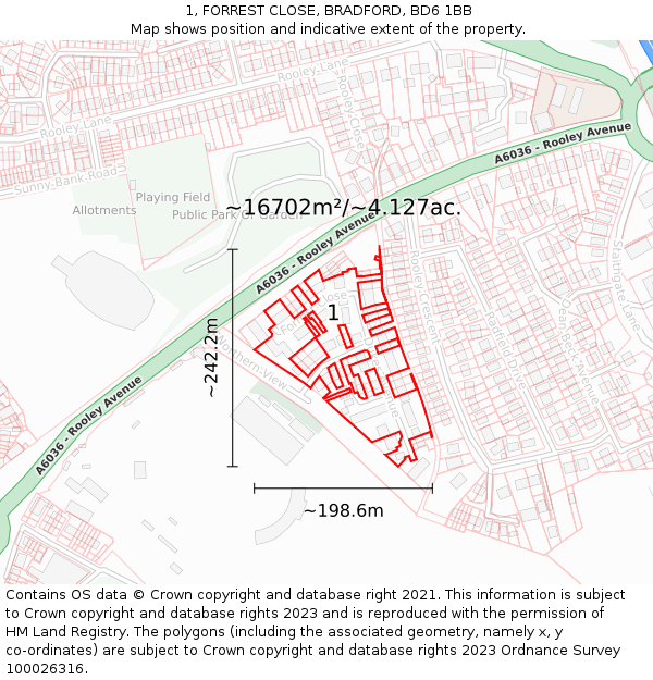 1, FORREST CLOSE, BRADFORD, BD6 1BB: Plot and title map