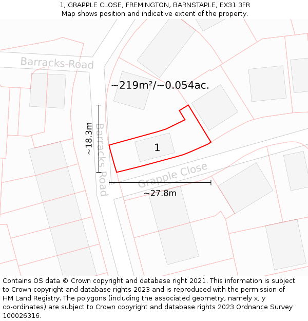 1, GRAPPLE CLOSE, FREMINGTON, BARNSTAPLE, EX31 3FR: Plot and title map