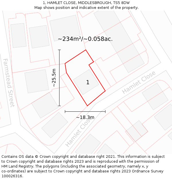 1, HAMLET CLOSE, MIDDLESBROUGH, TS5 8DW: Plot and title map