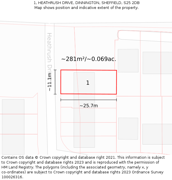 1, HEATHRUSH DRIVE, DINNINGTON, SHEFFIELD, S25 2DB: Plot and title map