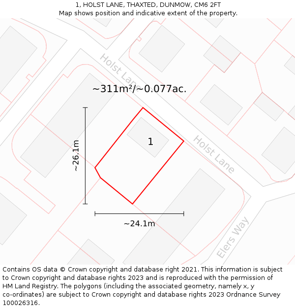 1, HOLST LANE, THAXTED, DUNMOW, CM6 2FT: Plot and title map